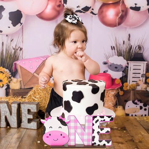 بانتايد لافتة خشبية على شكل بقرة وحرف واحد، قطعة مركزية للطاولة للبنات الصغيرات، ديكور عيد الميلاد الاول بتصميم بقرة بلون زهري، لوازم حفلات استقبال المولود الجديد، دعائم تصوير تحطيم الكيك in Kuwait