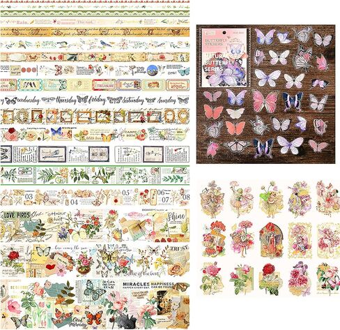 شريط واشي عتيق من QVMKWL 18 لفة مع 40 قطعة من ملصقات الفراشة و30 قطعة من ملصقات الزهور، وأشرطة زخرفية قابلة للكتابة لسجلات القصاصات، ومستلزمات المجلات غير المرغوب فيها (عتيقة) in Kuwait