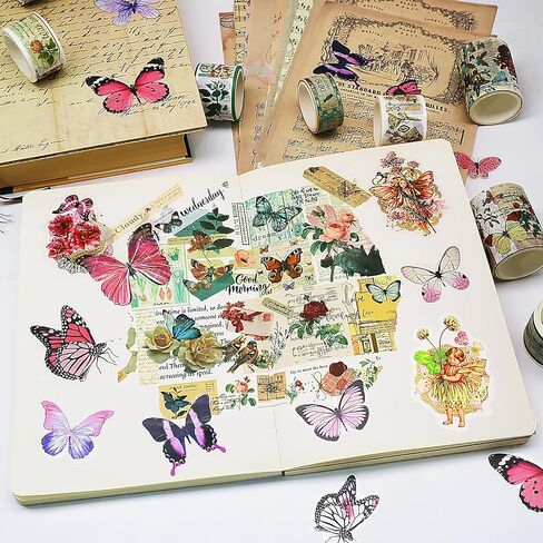 شريط واشي عتيق من QVMKWL 18 لفة مع 40 قطعة من ملصقات الفراشة و30 قطعة من ملصقات الزهور، وأشرطة زخرفية قابلة للكتابة لسجلات القصاصات، ومستلزمات المجلات غير المرغوب فيها (عتيقة) in Kuwait