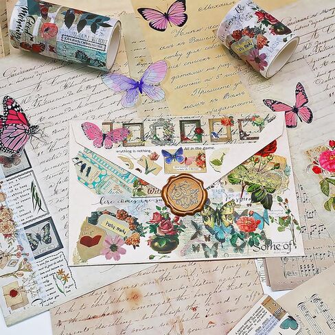 شريط واشي عتيق من QVMKWL 18 لفة مع 40 قطعة من ملصقات الفراشة و30 قطعة من ملصقات الزهور، وأشرطة زخرفية قابلة للكتابة لسجلات القصاصات، ومستلزمات المجلات غير المرغوب فيها (عتيقة) in Kuwait