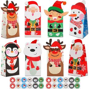 FEBSNOW 24 Pieces Christmas Gift Bags with 24 Pieces Stickers,Christmas Candy Treat Bags,Xmas Cookies Goody Wrapping Bags,Craft Paper Bags for Holiday Partty Favors