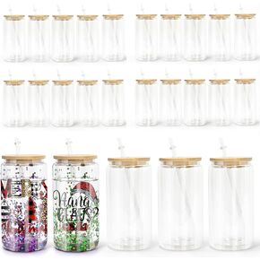 AGH 16oz Sublimation Snow Globe Glass Tumbler Blanks 25 Pack Double Wall Clear Glass Cups Sublimation Beer Can Glasses with Bamboo Lids and Glass Straws for Snowglobe DIY,Pre-Drilled