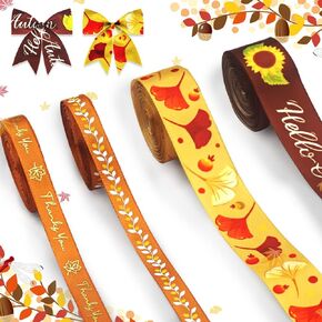 4 Rolls Fall Ribbons 3/8" Pumpkin Maple Leaves Rib Grosgrain Ribbons Orange Ribbons Autumn Thankful Words Sunflower Thanksgiving Ribbon for Gift Wrapping Bows Fall Crafts Supplies 0.4/0.8inch, 20Yards