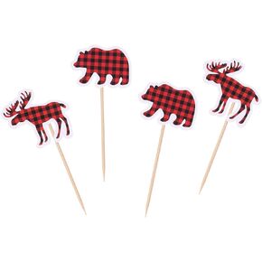 24 قطعة من القبعات العالية للكب كيك على شكل الدب والغزلان منقوشة من بافلو وودلاند حطاب موضوع لحفلات أعياد ميلاد الأطفال in Kuwait