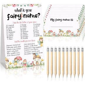 61 Pcs What Is Your Fairy Name Game Fairy Birthday Party Decorations 1 Pcs Fairy Theme Sign and 50 Pcs Small Name Game Cards 10 Pcs Hb Pencils for Girls Kids Holiday Activity Party Favors