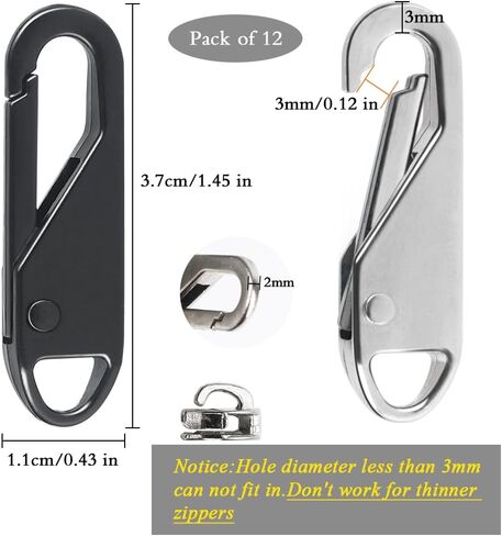 Zipper Pull Replacement, 12PCS Metal Zipper Pull Tabs Detachable Zipper Repair Kit for Luggage Backpacks Purse (Silver, Black) in Kuwait