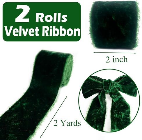 شريط مخملي أخضر 2 لفة 2 ياردة × 2 بوصة شريط مخملي متوتر لعيد الميلاد لتغليف الهدايا، شريط مخملي عتيق لتزيين إكليل شجرة عيد الميلاد، باقة زهور، مقطع فيونكة شعر، حرفة يدوية (أخضر) in Kuwait