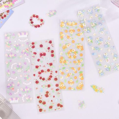 16 ورقة ملونة زهرة ديكو ملصقات مجموعة، لطيف القصاصات ملصقات زهرة DIY الحرفية ملصقات ملونة بريق ملصقات ذاتية اللصق للفنون بطاقة معايدة القصاصات، ديكور DIY in Kuwait