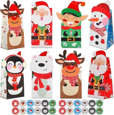 FEBSNOW 24 Pieces Christmas Gift Bags with 24 Pieces Stickers,Christmas Candy Treat Bags,Xmas Cookies Goody Wrapping Bags,Craft Paper Bags for Holiday Partty Favors in Saudi Arabia