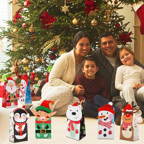 FEBSNOW 24 Pieces Christmas Gift Bags with 24 Pieces Stickers,Christmas Candy Treat Bags,Xmas Cookies Goody Wrapping Bags,Craft Paper Bags for Holiday Partty Favors in Saudi Arabia