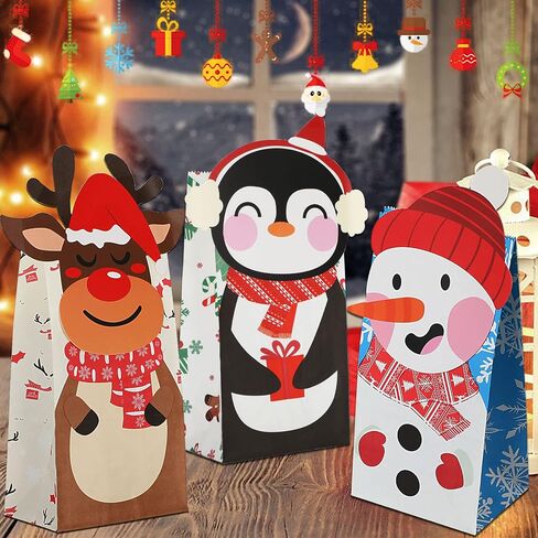 FEBSNOW 24 Pieces Christmas Gift Bags with 24 Pieces Stickers,Christmas Candy Treat Bags,Xmas Cookies Goody Wrapping Bags,Craft Paper Bags for Holiday Partty Favors in Saudi Arabia