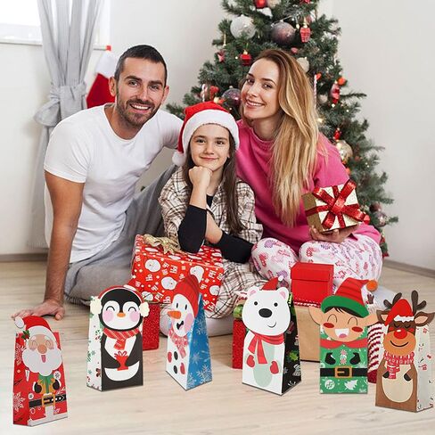FEBSNOW 24 Pieces Christmas Gift Bags with 24 Pieces Stickers,Christmas Candy Treat Bags,Xmas Cookies Goody Wrapping Bags,Craft Paper Bags for Holiday Partty Favors in Saudi Arabia