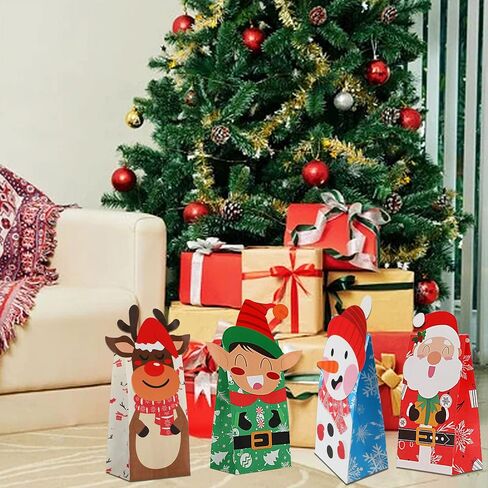 FEBSNOW 24 Pieces Christmas Gift Bags with 24 Pieces Stickers,Christmas Candy Treat Bags,Xmas Cookies Goody Wrapping Bags,Craft Paper Bags for Holiday Partty Favors in Saudi Arabia