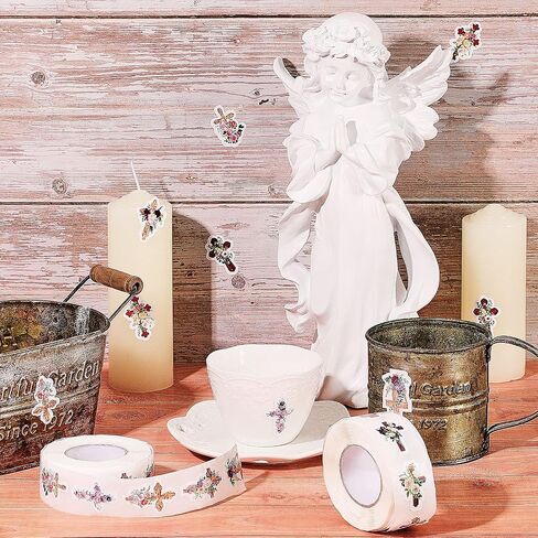 1000 Pieces Floral Religious Stickers Christian Stickers Floral Crossing Stickers Colorful Floral Catholic Sticker Roll mi bautizo Stickers for Envelope Seals DIY Crafts Religious Party Decoration in Saudi Arabia
