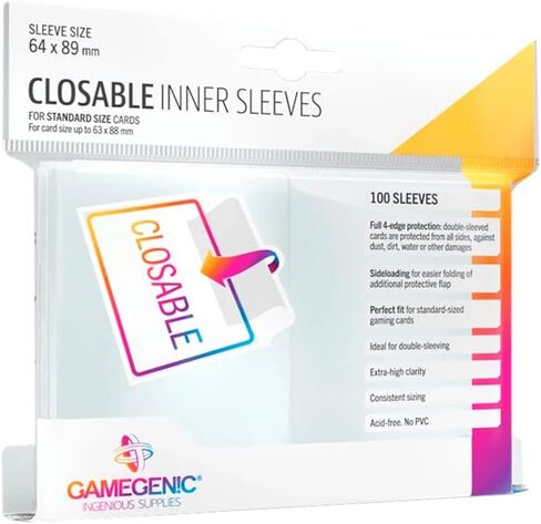 Closable Inner Sleeves | Pack of 100 Clear Standard Card Game Sleeves | Extra-High Clarity | Professional Protection for Up to 100 TCG Decks, Card Games and Board Games | Made by Gamegenic in Saudi Arabia
