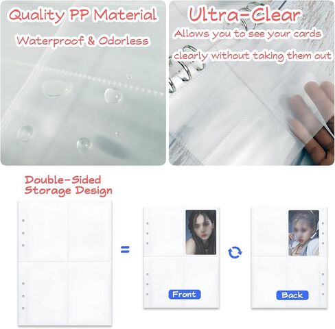 200 جيب، 25 قطعة من اغلفة بطاقات التداول مزدوجة الجوانب 4 جيوب لحماية الصفحات لبطاقات البوكيمون، اوراق صور كيه بوب فائقة الوضوح لـ A5 6 حلقات حافظة بطاقات بطاقات البيسبول كرة السلة الرياضية in Kuwait