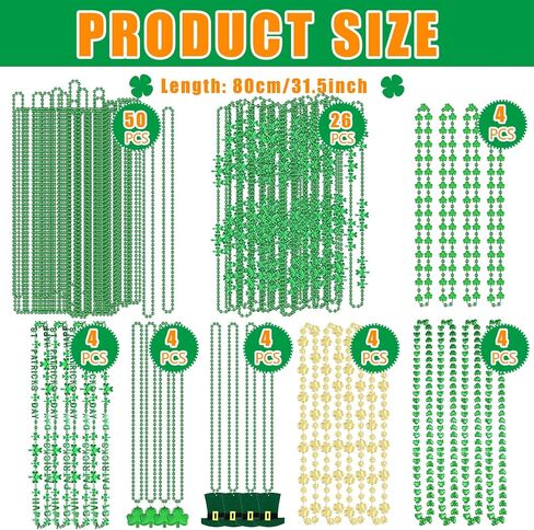 100 Pieces 32 Inch St Patricks Day Accessories St. Patricks Day Shamrock Bead Necklaces Bulk Metallic Green Beaded Necklace Mardi Gras Shamrock Necklace for Irish Party Favor Costume Jewelry, 8 Styles in Saudi Arabia