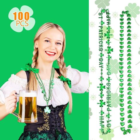 100 Pieces 32 Inch St Patricks Day Accessories St. Patricks Day Shamrock Bead Necklaces Bulk Metallic Green Beaded Necklace Mardi Gras Shamrock Necklace for Irish Party Favor Costume Jewelry, 8 Styles in Saudi Arabia
