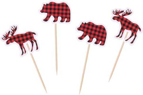 24 قطعة من القبعات العالية للكب كيك على شكل الدب والغزلان منقوشة من بافلو وودلاند حطاب موضوع لحفلات أعياد ميلاد الأطفال in Kuwait