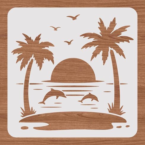 BENECREAT 12x12" Beach Vacation Painting Stencils, Coconut Tree Beach Umbrella Template Stencils for Wood Wall Painting and Scrapbooking in Saudi Arabia