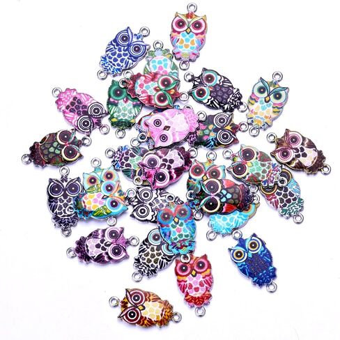 MANLOUFUSHI 30 Pcs Alloy Animal Charms Colorful Printing Owl Enamel Charms Pendant DIY Connector Charm Jewelry Making Crafting Accessories for Necklace Bracelet Earring in Kuwait