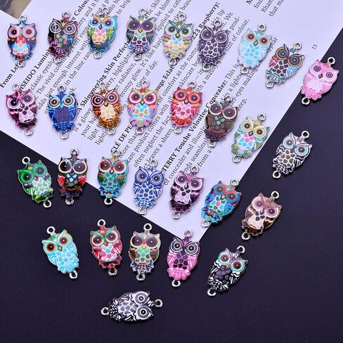 MANLOUFUSHI 30 Pcs Alloy Animal Charms Colorful Printing Owl Enamel Charms Pendant DIY Connector Charm Jewelry Making Crafting Accessories for Necklace Bracelet Earring in Kuwait