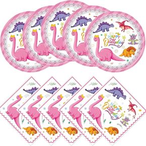 فينغو لوازم حفلات اعياد الميلاد بتصميم ديناصور بينك، 20 طبق و20 منديل، ديكور حفلات اعياد الميلاد بنمط ديناصور للبنات والاطفال in Kuwait