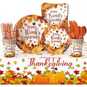 ENVEN 193 قطعة من لوازم حفلات الخريف لعيد الشكر، مجموعة أواني طعام الخريف وأطباق ورقية ومناديل عيد الشكر للاستعمال مرة واحدة، لوازم أدوات مائدة لعيد الشكر لتقديم 24 قطعة (مجموعة أواني الطعام) in Kuwait