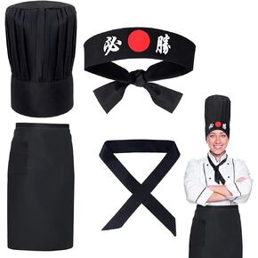 Hibachi Chef Tall Hat and Apron Costume Set with Headband Tie for Japanese Cuisine Lovers and Hibachi Enthusiasts
