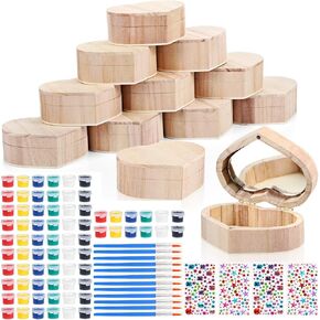Kigley 100 Pcs Unfinished Wooden Heart Box Kit Include 12 Pcs Heart Treasure Box 72 Pcs Paints, 12pcs Brushes, 4 Sheets Rhinestones Stickers Craft Treasure Box for DIY Christmas Valentine Gift in Saudi Arabia