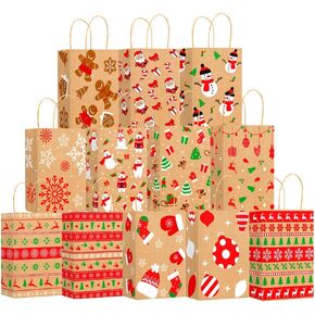 CCINEE 24pcs Christmas Kraft Gift Bags, Metallic Gold Foiled Large Xmas Goody Bags with Handles for Holiday Cookie Candy Party Presents Favor Supplies Decor
