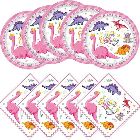 فينغو لوازم حفلات اعياد الميلاد بتصميم ديناصور بينك، 20 طبق و20 منديل، ديكور حفلات اعياد الميلاد بنمط ديناصور للبنات والاطفال in Kuwait
