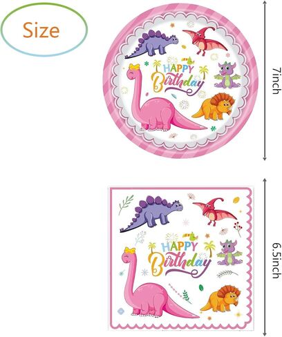 فينغو لوازم حفلات اعياد الميلاد بتصميم ديناصور بينك، 20 طبق و20 منديل، ديكور حفلات اعياد الميلاد بنمط ديناصور للبنات والاطفال in Kuwait