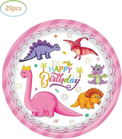 فينغو لوازم حفلات اعياد الميلاد بتصميم ديناصور بينك، 20 طبق و20 منديل، ديكور حفلات اعياد الميلاد بنمط ديناصور للبنات والاطفال in Kuwait