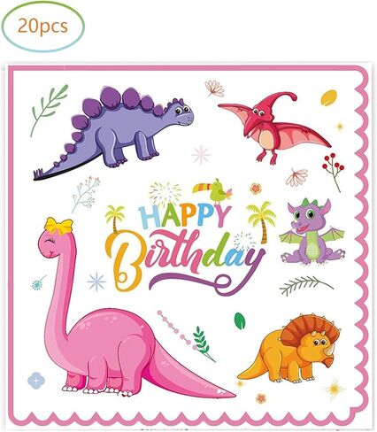 فينغو لوازم حفلات اعياد الميلاد بتصميم ديناصور بينك، 20 طبق و20 منديل، ديكور حفلات اعياد الميلاد بنمط ديناصور للبنات والاطفال in Kuwait