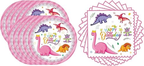 فينغو لوازم حفلات اعياد الميلاد بتصميم ديناصور بينك، 20 طبق و20 منديل، ديكور حفلات اعياد الميلاد بنمط ديناصور للبنات والاطفال in Kuwait