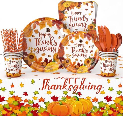 ENVEN 193 قطعة من لوازم حفلات الخريف لعيد الشكر، مجموعة أواني طعام الخريف وأطباق ورقية ومناديل عيد الشكر للاستعمال مرة واحدة، لوازم أدوات مائدة لعيد الشكر لتقديم 24 قطعة (مجموعة أواني الطعام) in Kuwait