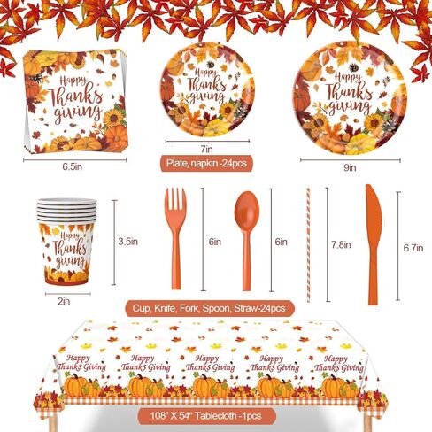 ENVEN 193 قطعة من لوازم حفلات الخريف لعيد الشكر، مجموعة أواني طعام الخريف وأطباق ورقية ومناديل عيد الشكر للاستعمال مرة واحدة، لوازم أدوات مائدة لعيد الشكر لتقديم 24 قطعة (مجموعة أواني الطعام) in Kuwait