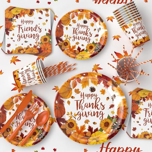 ENVEN 193 قطعة من لوازم حفلات الخريف لعيد الشكر، مجموعة أواني طعام الخريف وأطباق ورقية ومناديل عيد الشكر للاستعمال مرة واحدة، لوازم أدوات مائدة لعيد الشكر لتقديم 24 قطعة (مجموعة أواني الطعام) in Kuwait