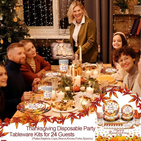 ENVEN 193 قطعة من لوازم حفلات الخريف لعيد الشكر، مجموعة أواني طعام الخريف وأطباق ورقية ومناديل عيد الشكر للاستعمال مرة واحدة، لوازم أدوات مائدة لعيد الشكر لتقديم 24 قطعة (مجموعة أواني الطعام) in Kuwait