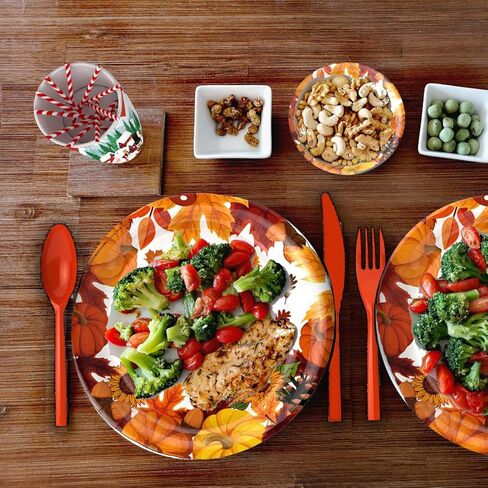 ENVEN 193 قطعة من لوازم حفلات الخريف لعيد الشكر، مجموعة أواني طعام الخريف وأطباق ورقية ومناديل عيد الشكر للاستعمال مرة واحدة، لوازم أدوات مائدة لعيد الشكر لتقديم 24 قطعة (مجموعة أواني الطعام) in Kuwait