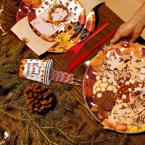 ENVEN 193 قطعة من لوازم حفلات الخريف لعيد الشكر، مجموعة أواني طعام الخريف وأطباق ورقية ومناديل عيد الشكر للاستعمال مرة واحدة، لوازم أدوات مائدة لعيد الشكر لتقديم 24 قطعة (مجموعة أواني الطعام) in Kuwait