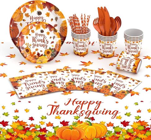 ENVEN 193 قطعة من لوازم حفلات الخريف لعيد الشكر، مجموعة أواني طعام الخريف وأطباق ورقية ومناديل عيد الشكر للاستعمال مرة واحدة، لوازم أدوات مائدة لعيد الشكر لتقديم 24 قطعة (مجموعة أواني الطعام) in Kuwait
