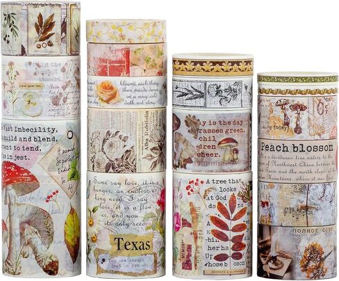 Vintage Washi Tape - 18 Rolls Washi Tape Set, Wide Floral Map Letter Design, Decorative Masking Tape for Scrapbooking, Bullet Journaling, DIY Gift Wrapping and Planners (Black) in Kuwait