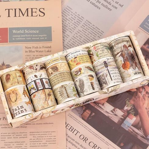 Vintage Washi Tape - 18 Rolls Washi Tape Set, Wide Floral Map Letter Design, Decorative Masking Tape for Scrapbooking, Bullet Journaling, DIY Gift Wrapping and Planners (Black) in Kuwait