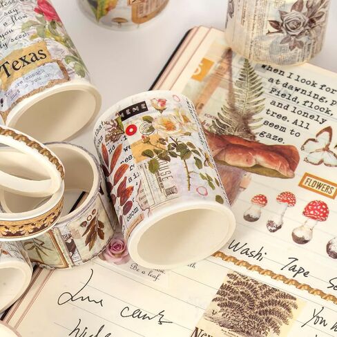 Vintage Washi Tape - 18 Rolls Washi Tape Set, Wide Floral Map Letter Design, Decorative Masking Tape for Scrapbooking, Bullet Journaling, DIY Gift Wrapping and Planners (Black) in Kuwait