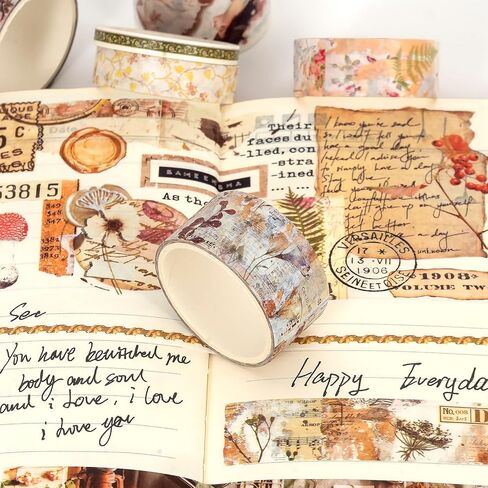 Vintage Washi Tape - 18 Rolls Washi Tape Set, Wide Floral Map Letter Design, Decorative Masking Tape for Scrapbooking, Bullet Journaling, DIY Gift Wrapping and Planners (Black) in Kuwait