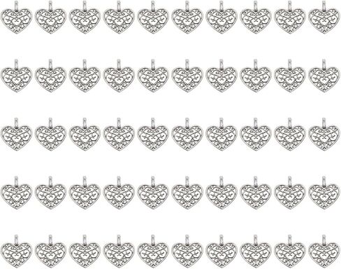 Shapenty Metal Heart Charms Beads Bulk for DIY Craft Pendants Bracelet Necklace Earring Keychain Jewelry Making Finding Accessory, Silver, 50PCS in Saudi Arabia