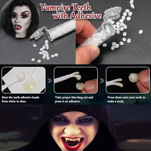 Pigdun 4 Pairs Vampire Teeth with Adhesive,Halloween Vampire Fangs Teeth,Adult Kids Cosplay Realistic Horror Props Halloween Party Decoration Accessories, 4 Size(0.52in, 0.59in, 0.67in,0.75in) in Kuwait