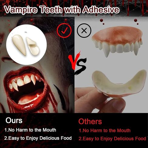 Pigdun 4 Pairs Vampire Teeth with Adhesive,Halloween Vampire Fangs Teeth,Adult Kids Cosplay Realistic Horror Props Halloween Party Decoration Accessories, 4 Size(0.52in, 0.59in, 0.67in,0.75in) in Kuwait